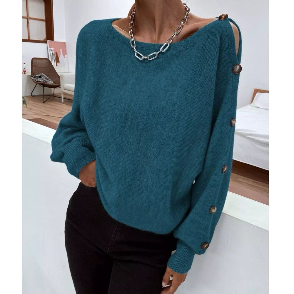 Women's Boat Neck Jumper Button Shoulder Detail Blue Sweater Size 4